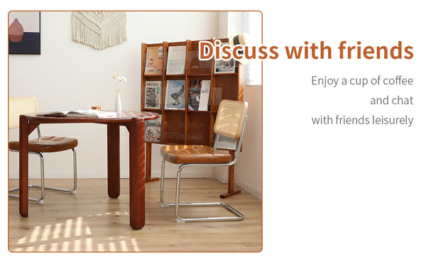 English Elm Dining Mid-Century Cantilever Chairs Set of 2 with Chrome Frame, Rattan Back and Faux Leather Seat Brown W2105P230515