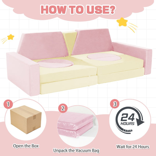 English Elm 14pcs Modular Foam Play Couch Set Convertible Toddler Fort Builder for Playrooms Pink+White T5880P493448