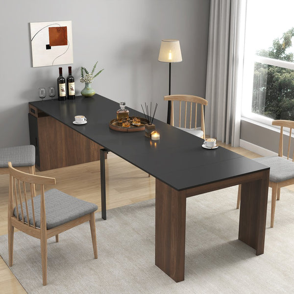 English Elm Modern Expandable Dining Table with Built-In Outlet, 5-Panel Extendable Space-Saving Design for Gatherings Walnut+black W331S00190