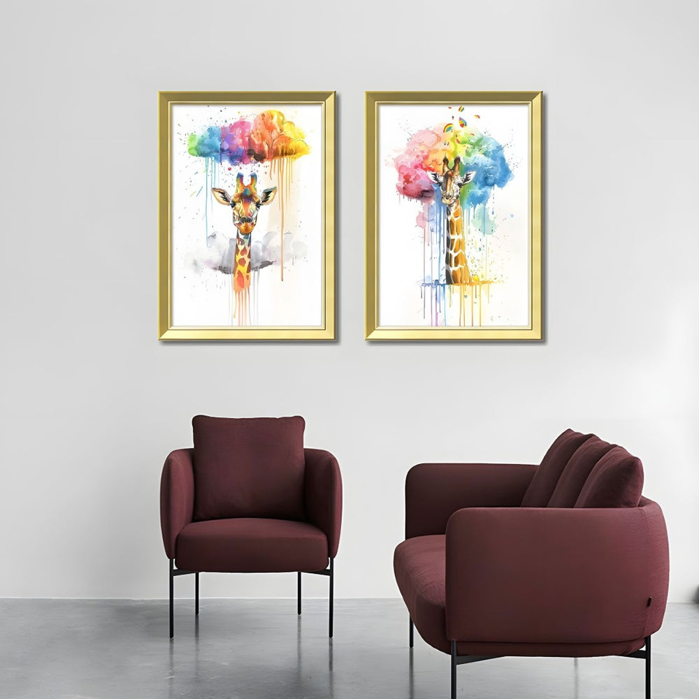 English Elm Set Of 3 Colorful Giraffe Wall Art Prints In Solid Wood Frames – Vibrant, Replaceable Decor For Home T3976P383234-GIGA