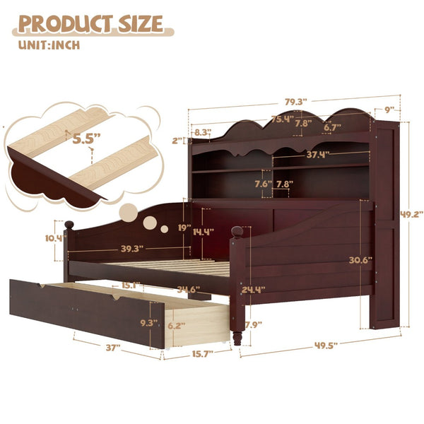 English Elm Twin Daybed Retro Wood Frame with Under Bed Drawers and Headboard Shelving Espresso N733S415358P