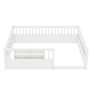 English Elm Queen Low Profile Kids Floor Bed with Guardrails Bookshelf and Pine Wood Frame White W1580P373142