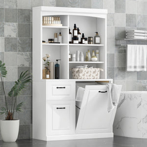 English Elm Bathroom Tall Storage Cabinet with Tilt-Out Hamper, 70.9" Linen Tower, 2 Drawers, Adjustable Shelves, White Finish N725P278420K