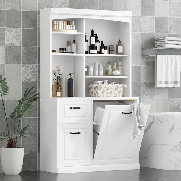 English Elm Bathroom Tall Storage Cabinet with Tilt-Out Hamper, 70.9" Linen Tower, 2 Drawers, Adjustable Shelves, White Finish N725P278420K