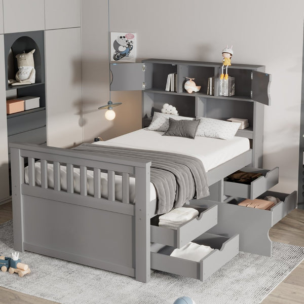 English Elm Twin Captain Platform Bed with Bookcase Headboard Four Drawers Pine Mdf Frame Gray GX001828AAE-1