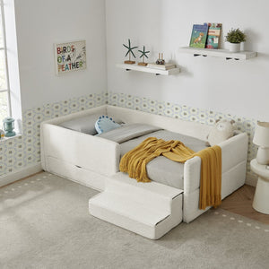 English Elm Twin Boucle Upholstered Kids Bed with Guardrails Built in Storage and Cushioned Step Stool Beige W1413P433364
