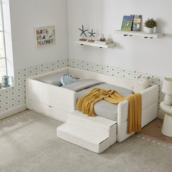English Elm Twin Boucle Upholstered Kids Bed with Guardrails Built in Storage and Cushioned Step Stool Beige W1413P433364