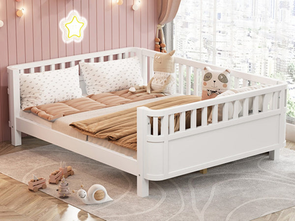 English Elm Twin Low Profile Pine Wood Kids Bed with Safety Rails and Fence Style Headboard W2593P367052