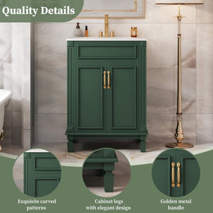 English Elm 24'' Bathroom Vanity with Sink - Solid Wood Frame, Glossy Ceramic Basin, Soft-Close Doors & Ample Storage Elegant Modern Design, Durable MDF Construction, Retro Metal Handles, Compact 24-inch Cabinet Green N710P317675F