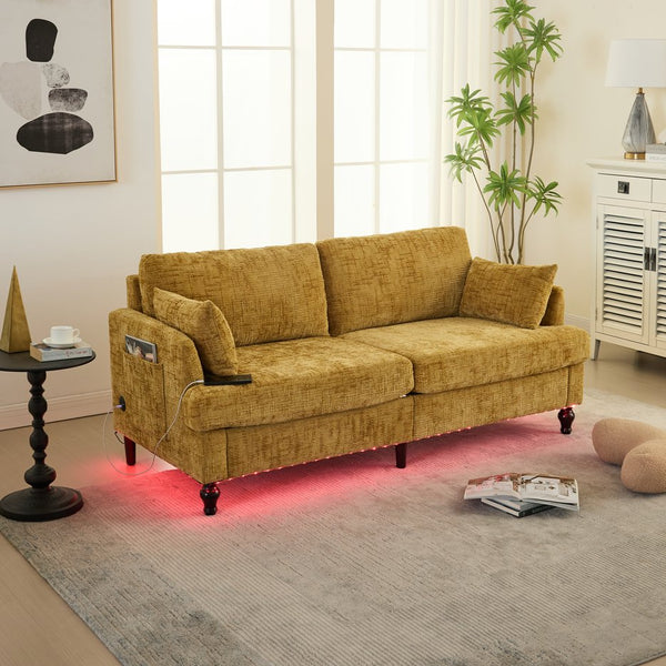 English Elm Modern chenille 2-seater sofa with LED, USB charging, storage pocket, solid wood legs, durable comfort Mustard yellow W395P318542