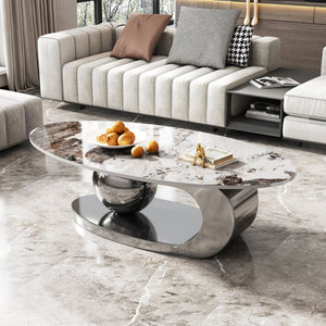 English Elm 49.2 Oval Faux Marble Coffee Table with Titanium-Coated Stainless Steel Base and Sintered Stone Top Gray,White+Multi W3136S00007