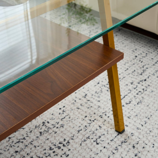 English Elm Rectangle Coffee Table - Modern Tempered Glass Top With Gold Metal Legs For Chic Living Room Style W241126033-GIGA