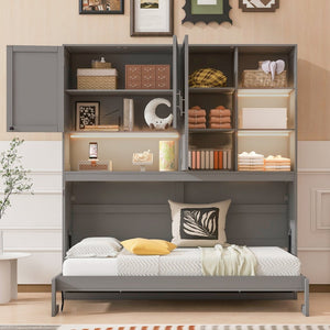 English Elm Twin Murphy Bed with Cabinet Shelves Built in Lighting Usb Ports Space Saving Wall Unit Gray LP000389AAE-1