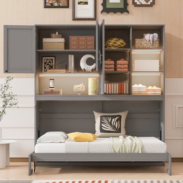 English Elm Twin Murphy Bed with Cabinet Shelves Built in Lighting Usb Ports Space Saving Wall Unit Gray LP000389AAE-1