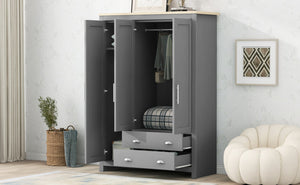 English Elm Three Door Pine Wardrobe with Two Drawers & Dual Hanging Rods, Gray Storage Armoire for Closet Organization, Sturdy MDF Build GX001834AAE