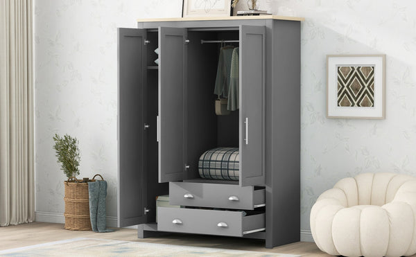 English Elm Three Door Pine Wardrobe with Two Drawers & Dual Hanging Rods, Gray Storage Armoire for Closet Organization, Sturdy MDF Build GX001834AAE