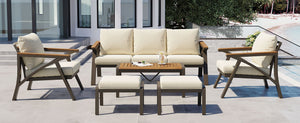 English Elm 6-piece Outdoor Conversation Set with Acacia Wood Accents and Steel Frame Patio Seating Brown,Cream Beige N704G201256A
