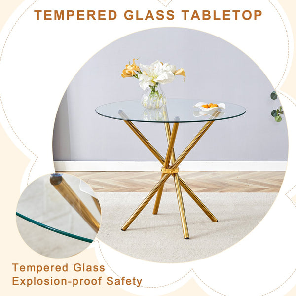 English Elm 4-Piece Dining Set: Modern Luxe Round Glass Table & Stylish Black-Gold Chairs For Chic Spaces W1151S03684