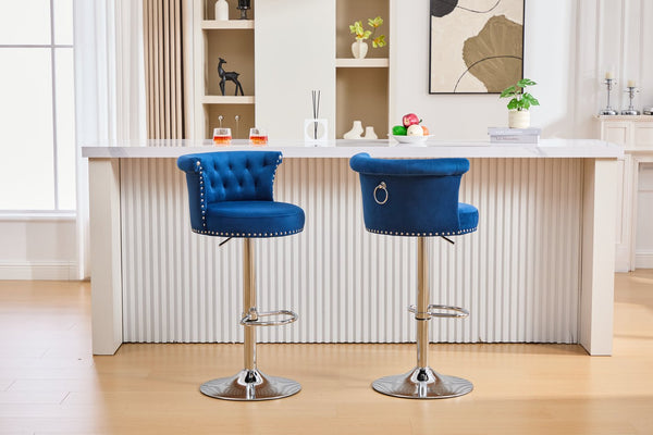 English Elm COOLMORE Velvet Bar Stool with Anti-Slip Large Base, Adjustable 360° Swivel, Plush Foam Comfort Navy W1539P320506