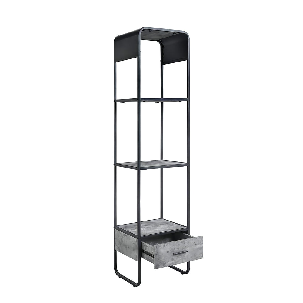English Elm Modern Concrete Gray Side Pier with Drawer & Black Metal Frame, Open Shelves for Stylish Storage B2741P337176