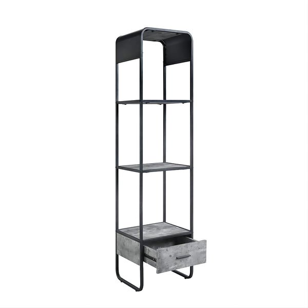 English Elm Modern Concrete Gray Side Pier with Drawer & Black Metal Frame, Open Shelves for Stylish Storage B2741P337176