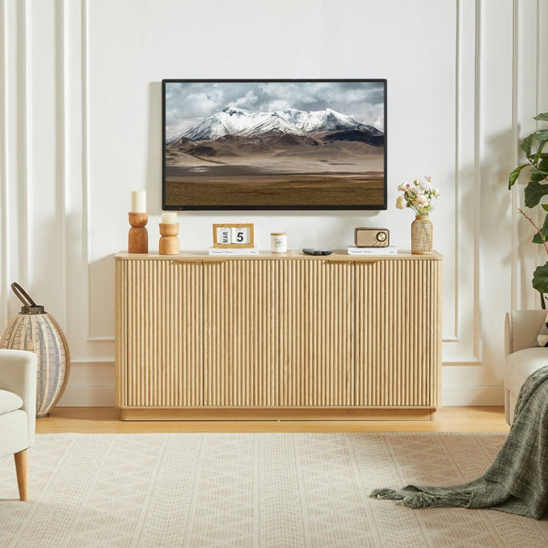 English Elm 63" Wave Front Sideboard with Four Door Storage for Living Room Hallway Bedroom Oak W1820P431360