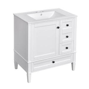 English Elm 30 30 Inch Bathroom Vanity with Ceramic Sink, Modern Compact 3-Drawer Storage Cabinet for Small Baths White N710P247499K