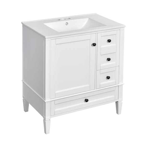 English Elm 30 30 Inch Bathroom Vanity with Ceramic Sink, Modern Compact 3-Drawer Storage Cabinet for Small Baths White N710P247499K
