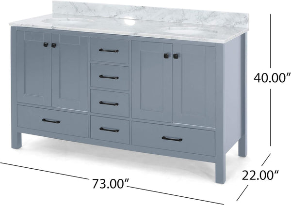 English Elm Christopher Knight Home® - 73'' Luxury Bathroom Vanity with Marble Top & Dual Ceramic Sinks, Freestanding 4-Door 3-Drawer Cabinet Grey N759S999017E