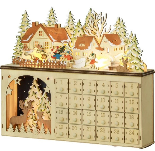 English Elm Light up Wooden Advent Calendar Village with 24 Drawers and Led Glow for Holiday Decor T3971P417206