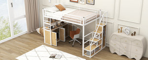 English Elm Full Size Metal Loft Bed with Desk, Storage Staircase, Wardrobe & Shelves — Space-Saving White GX002219AAK