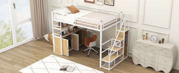 English Elm Full Size Metal Loft Bed with Desk, Storage Staircase, Wardrobe & Shelves — Space-Saving White GX002219AAK