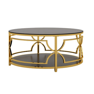 English Elm Round Tempered Glass Coffee Table with Gold Geometric Metal Base and Open Storage Shelf Black N735P396530B