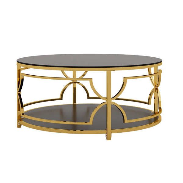 English Elm Round Tempered Glass Coffee Table with Gold Geometric Metal Base and Open Storage Shelf Black N735P396530B