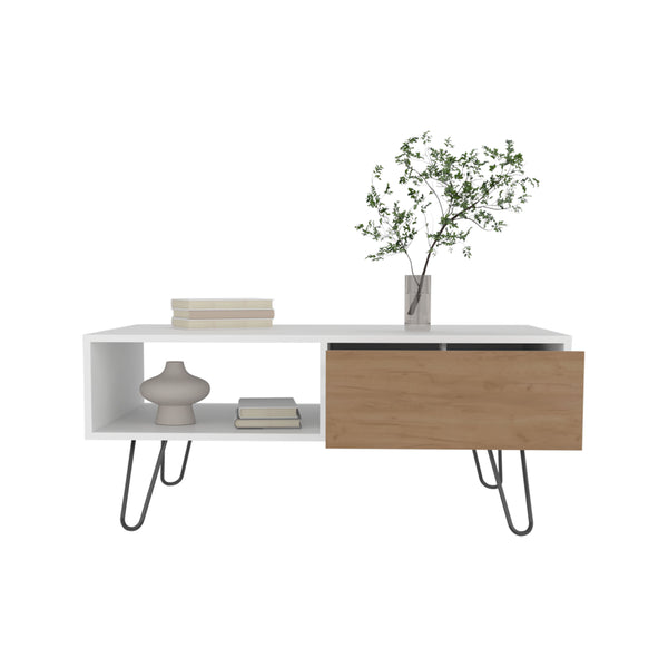 English Elm Tori Modern 39" Coffee Table with Drawer & Open Shelf, Slanted Metal Legs, Compact Multi Oak B200P253749