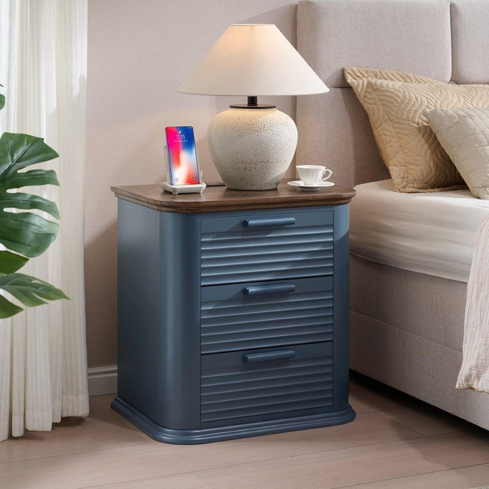 English Elm 22" Fluted Wood Nightstand with Built-in Charging Station Three Drawer Bedside Storage Navy Blue T5326P431149
