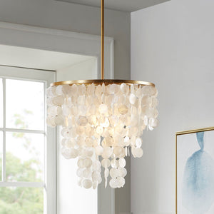JLA Home INK+IVY - Dimmable Isla Capiz Chandelier by INK+IVY — Gold Layered Shell Pendant, Adjustable Height, Warm Glow MPS150-0093