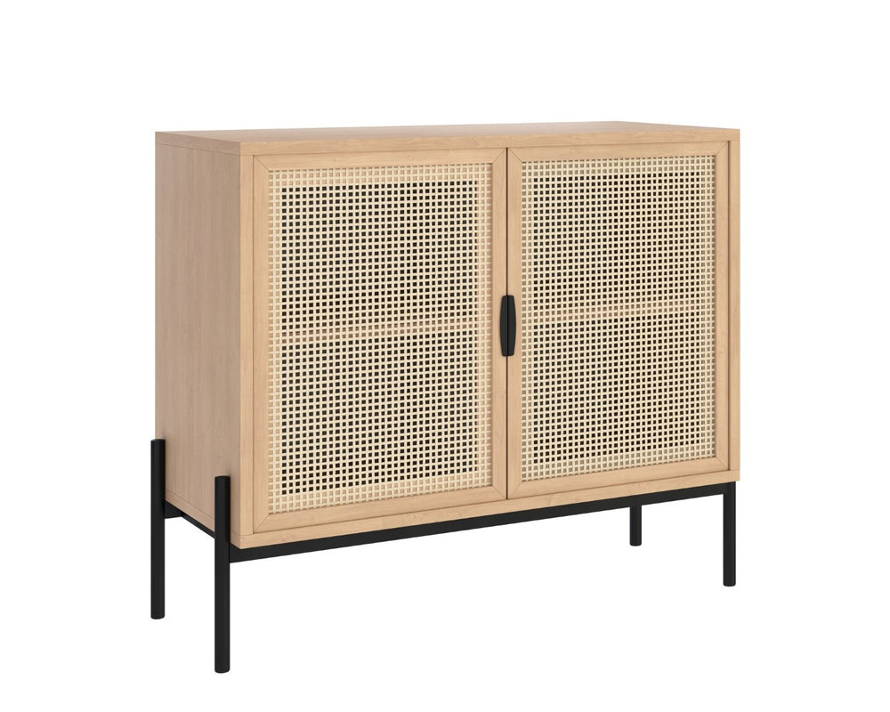 Sunpan AVIDA Handcrafted Compact Sideboard - Black Rustic Oak & Natural Rattan for Modern Storage Solutions 110947