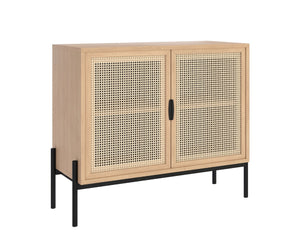 Sunpan AVIDA Handcrafted Compact Sideboard - Black Rustic Oak & Natural Rattan for Modern Storage Solutions 110947