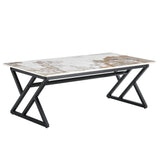 English Elm A Coffee Table Is Made Of Rock Slab Material, With A Natural and Smooth Marble Pattern On The Surface, Which Complements The Modern Design Of The Black Metal Legs and Adds A Touch Of Fashion.47*23.6