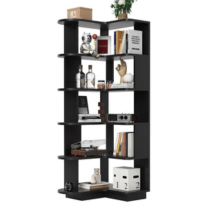 English Elm 5-tier Corner Bookcase L-shaped Freestanding Open Shelf Display for Home Office Black T3623P436781