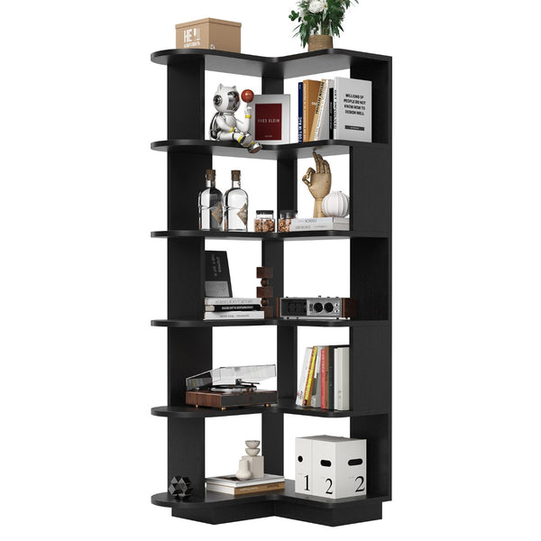 English Elm 5-tier Corner Bookcase L-shaped Freestanding Open Shelf Display for Home Office Black T3623P436781