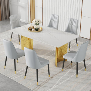 English Elm Table & 6 Chair Set - Elegant Glass Top With Faux Marble, Gold Stainless Steel Legs, Modern Comfort W1151S04353-GIGA