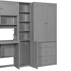 English Elm Wooden Twin Loft Bed with Built-in Desk Wardrobe Storage Drawers and Led Lighting N820S00069E
