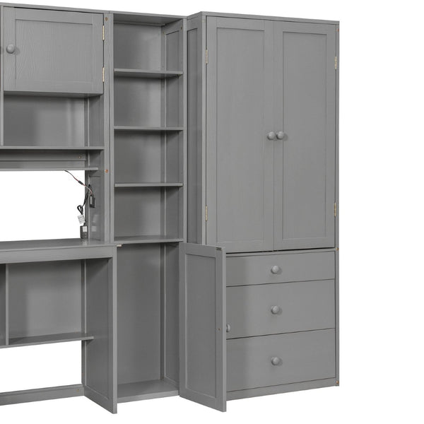 English Elm Wooden Twin Loft Bed with Built-in Desk Wardrobe Storage Drawers and Led Lighting N820S00069E