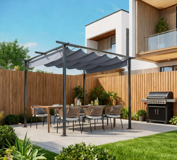 English Elm Metal Pergola with Retractable Canopy Uv Resistant Steel Frame Outdoor Patio Shade T3971P426097