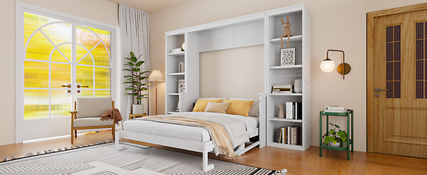 English Elm Queen Murphy Bed with Desk & Bookshelf in White — Space-Saving Queen Wall Bed, Pine/MDF, 600lb Capacity, Foldable Workspace GX004002AAK