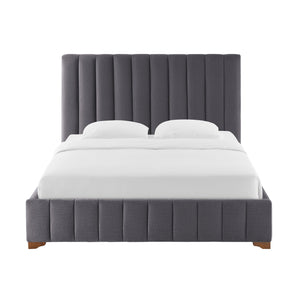 English Elm Queen Upholstered Platform Bed Frame with Padded Fabric Headboard, Rubber Plywood Slats, Dark Grey Finish W2582S00055