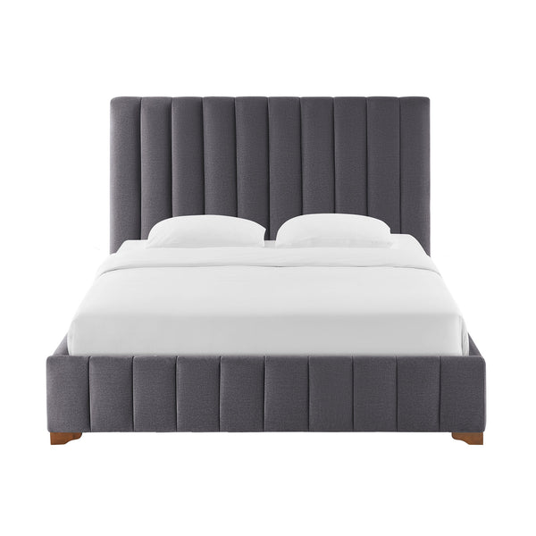 English Elm Queen Upholstered Platform Bed Frame with Padded Fabric Headboard, Rubber Plywood Slats, Dark Grey Finish W2582S00055