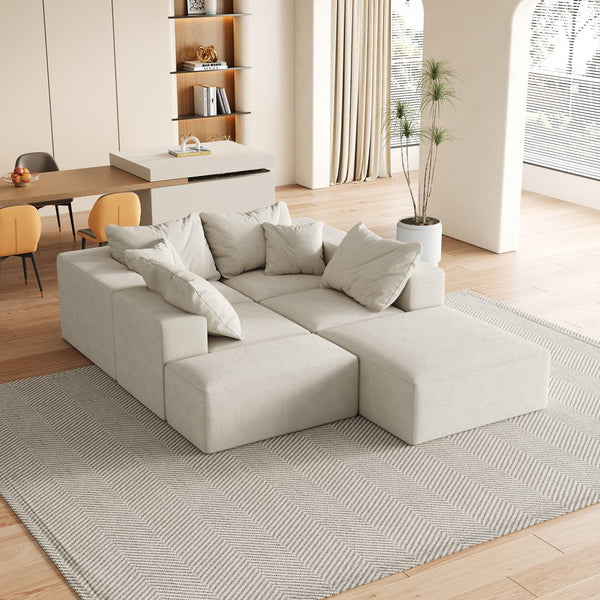 English Elm Modern Upholstered Modular Sectional Sofa Set 132" L-Shaped No-Assembly Chenille Comfort Hub with 6 Pillows Beige W834S00498